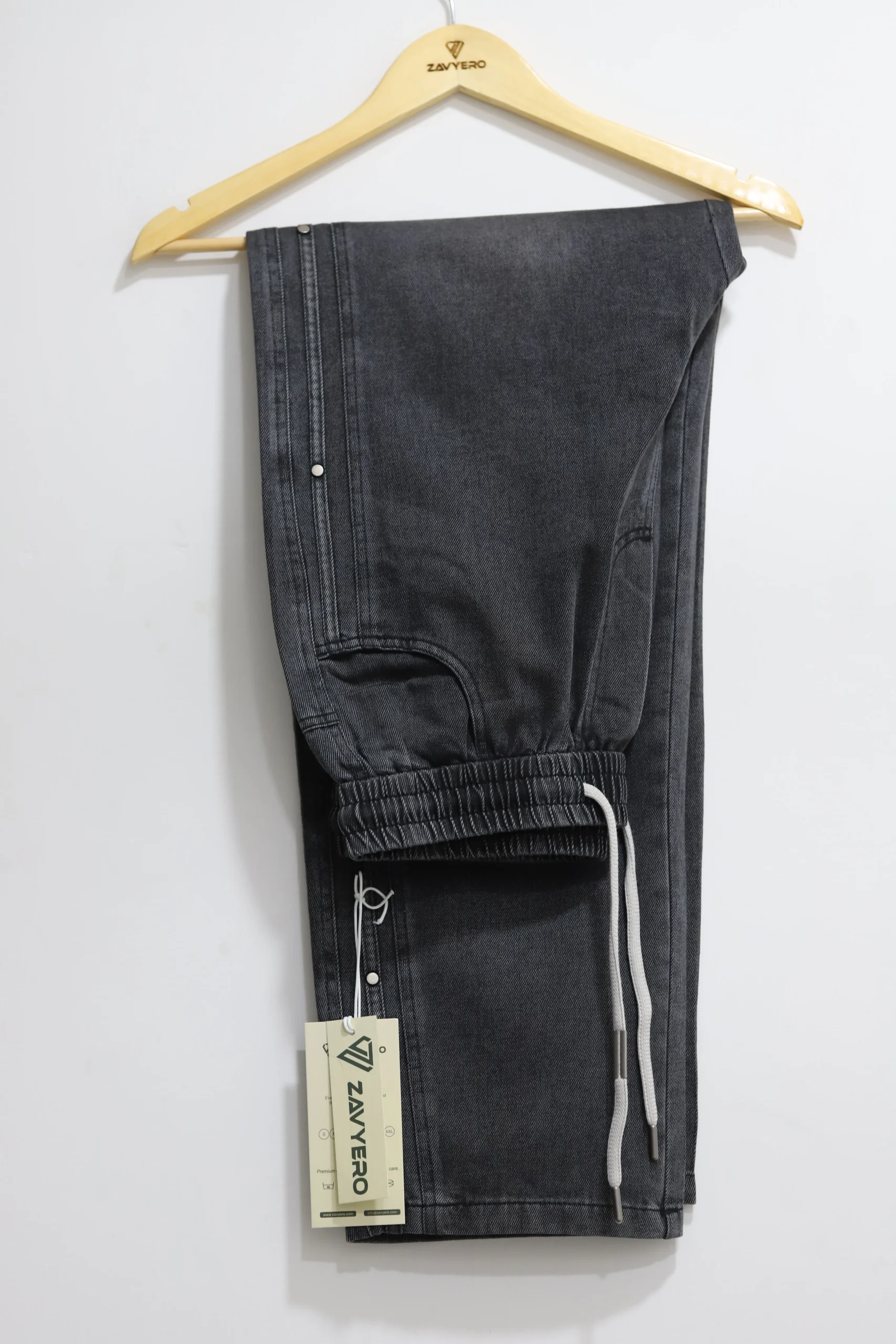 Men's Washed Black Baggy Drawstring Jeans with Side Rivets - Image 2