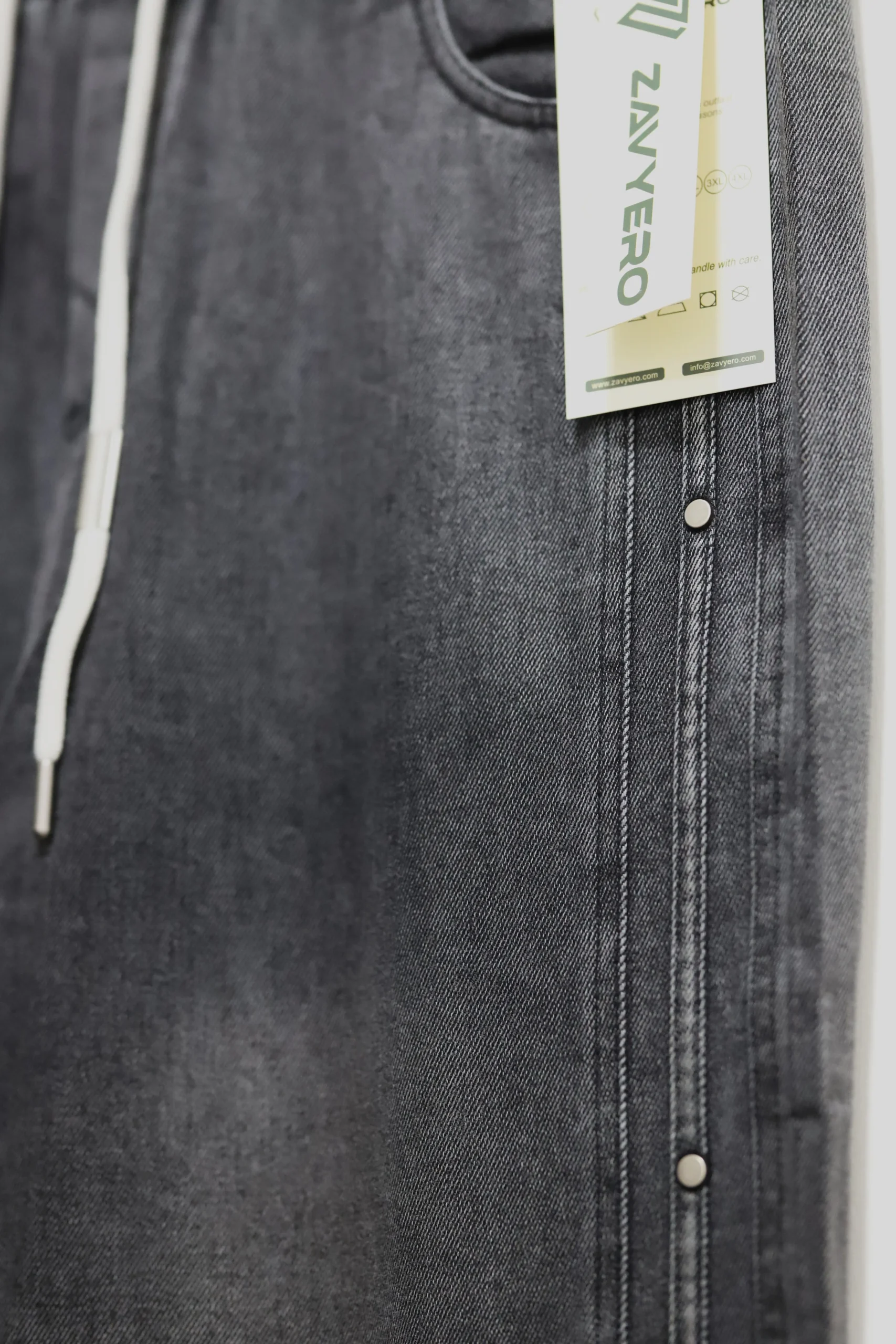 Men's Washed Black Baggy Drawstring Jeans with Side Rivets - Image 3