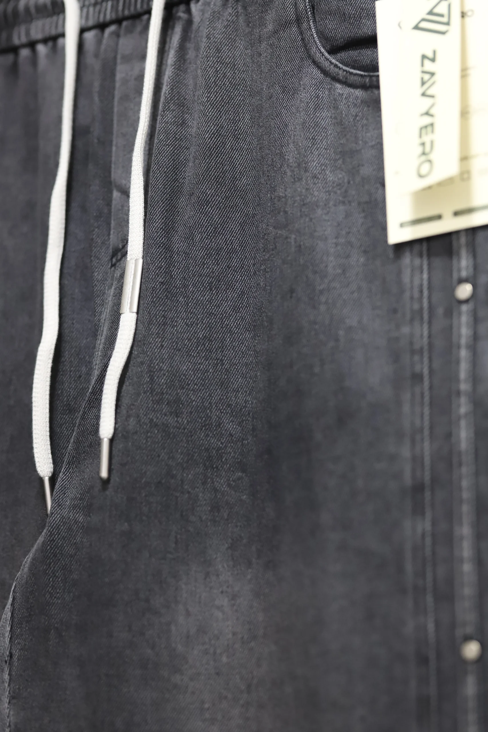 Men's Washed Black Baggy Drawstring Jeans with Side Rivets - Image 5