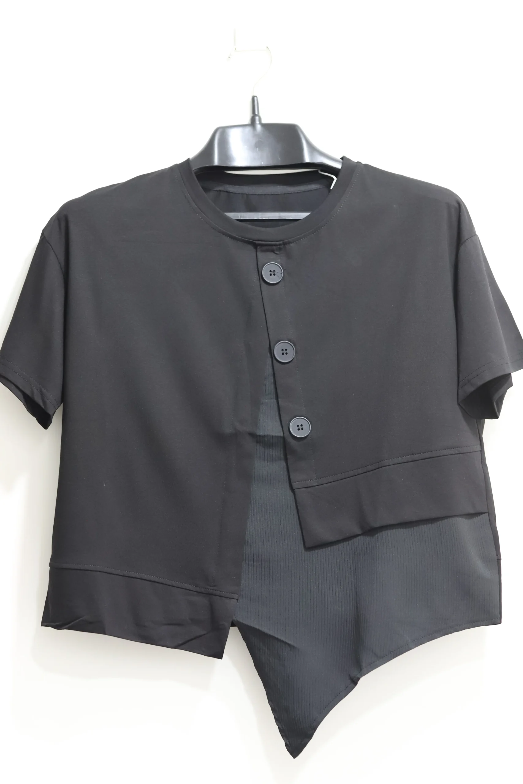 Women's Asymmetrical Blush Black Button-Front Top